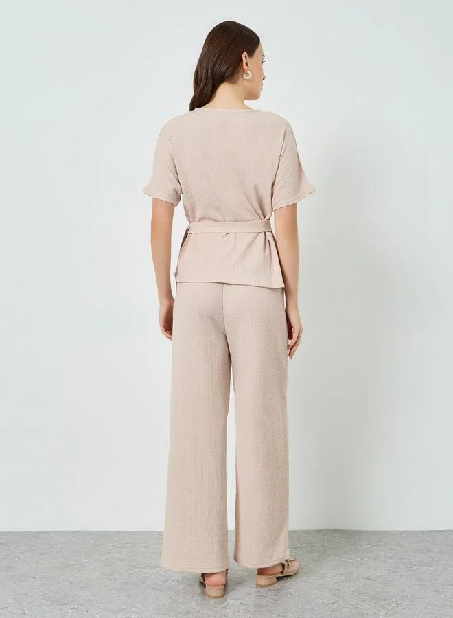 Styli  Women Cream Textured Top and Wide Leg Pants Set for Women | Best Price UAE